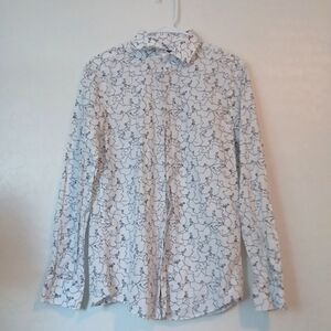 Perry Ellis White & Black Floral Button Down Long Sleeve Shirt Woman Size Small